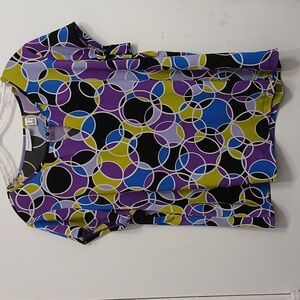 Y2K Susan Graver Vibrant Blouse Sz L Purple Art Deco Modern Lightweight Cool Geo